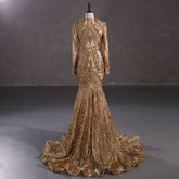Maxi Gold Sequins Lace Mermaid Formal Evening Prom Dress EN5410